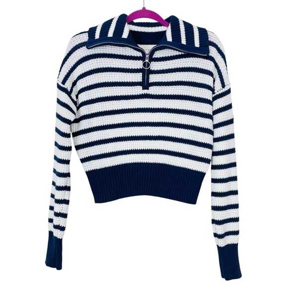Sage + Stone Half-Zip Cropped Blue & White Stripes Sweater Size Medium - Picture 6 of 8